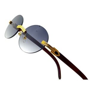Rimless Sunglasses Oval Lens Wood Grain Arms Gold Accents Fashion Shades‎ Retro